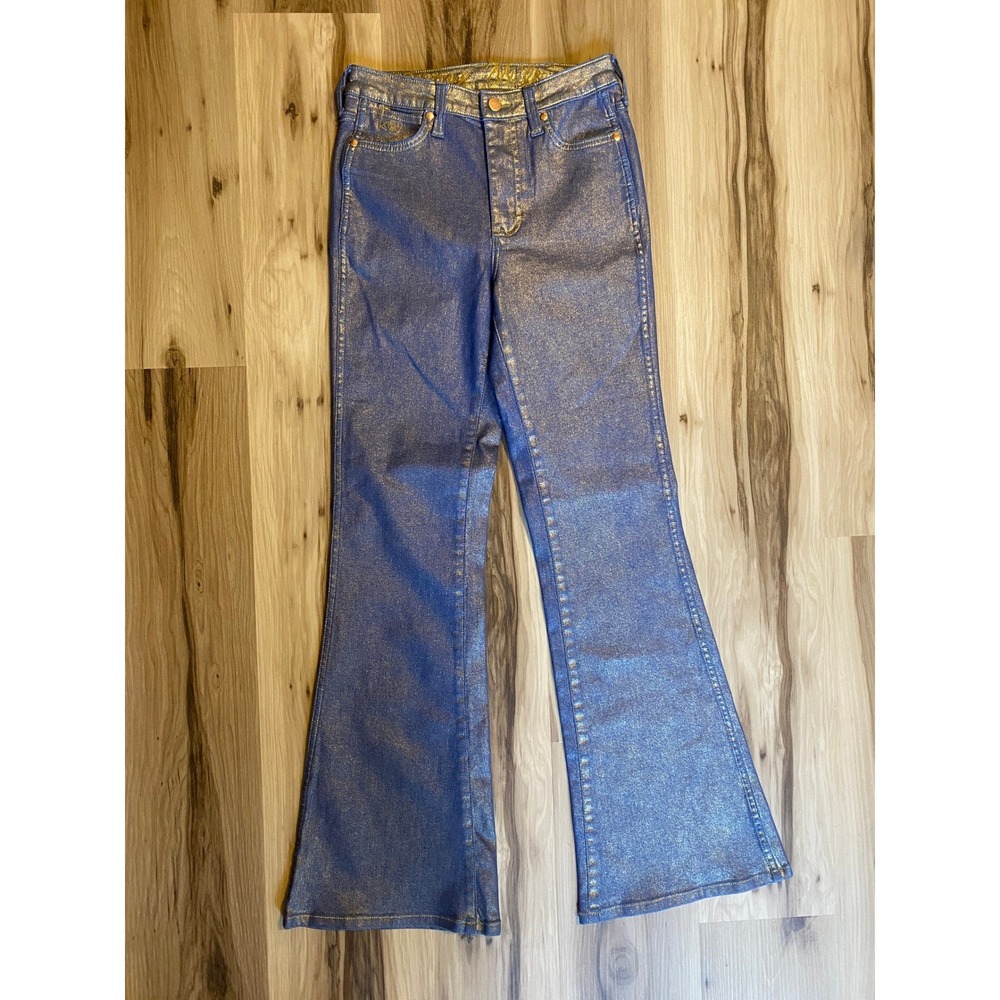 Wrangler x Lainey Wilson Metallic Blue Gold Flare Jeans 26x32 High Rise Denim